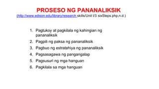 PROSESO NG PANANALIKSIK
(http://www.edison.edu/library/research skills/Unit I/3 sixSteps.php,n.d.)
1. Pagtukoy at pagkilala ng kahingian ng
pananaliksik
2. Pagpili ng paksa ng pananaliksik
3. Pagbuo ng estratehiya ng pananaliksik
4. Pagsasagawa ng pangangalap
5. Pagsusuri ng mga hanguan
6. Pagkilala sa mga hanguan
 