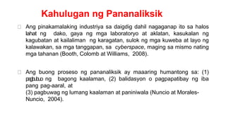 Kahulugan ng Pananaliksik
Ang pinakamalaking industriya sa daigdig dahil nagaganap ito sa halos
lahat ng dako, gaya ng mga laboratoryo at aklatan, kasukalan ng
kagubatan at kailaliman ng karagatan, sulok ng mga kuweba at layo ng
kalawakan, sa mga tanggapan, sa cyberspace, maging sa mismo nating
mga tahanan (Booth, Colomb at Williams, 2008).
Ang buong proseso ng pananaliksik ay maaaring humantong sa: (1)
pagbubuo ng bagong kaalaman, (2) balidasyon o pagpapatibay ng iba
pang pag-aaral, at
(3) pagbuwag ng lumang kaalaman at paniniwala (Nuncio at Morales-
Nuncio, 2004).
 
