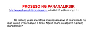 PROSESO NG PANANALIKSIK
(http://www.edison.edu/library/research skills/Unit I/3 sixSteps.php,n.d.)
Sa ikatlong yugto, mahalaga ang pagsasagawa at paghahanda ng
mga tala ng impormasyon o datos. Ngunit paano ito gagawin ng isang
mananaliksik?
 