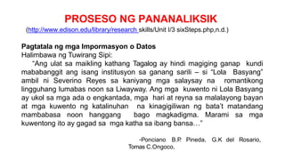 PROSESO NG PANANALIKSIK
(http://www.edison.edu/library/research skills/Unit I/3 sixSteps.php,n.d.)
Pagtatala ng mga Impormasyon o Datos
Halimbawa ng Tuwirang Sipi:
“Ang ulat sa maikling kathang Tagalog ay hindi magiging ganap kundi
mababanggit ang isang institusyon sa ganang sarili – si “Lola Basyang”
ambil ni Severino Reyes sa kaniyang mga salaysay na romantikong
lingguhang lumabas noon sa Liwayway. Ang mga kuwento ni Lola Basyang
ay ukol sa mga ada o engkantada, mga hari at reyna sa malalayong bayan
at mga kuwento ng katalinuhan na kinagigiliwan ng bata’t matandang
mambabasa noon hanggang bago magkadigma. Marami sa mga
kuwentong ito ay gagad sa mga katha sa ibang bansa…”
-Ponciano B.P
. Pineda, G.K del Rosario,
Tomas C.Ongoco,
 