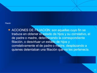 Filiación ACCIONES DE FILIACION: son aquellas cuyo fin se traduce en obtener el estado de hijos y su correlativo, el de padre o madre, determinando la correspondiente filiación, o desvirtuar un estado de hijos y correlativamente el de padre o madre, desplazando a quienes detentaban una filiación que no les pertenecía. 