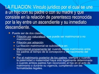 LA FILIACION: Vínculo jurídico por el cual se une a un hijo con su padre o con su madre y que consiste en la relación de parentesco reconocida por la ley entre un ascendiente y su inmediato descendiente. Puede ser de dos clases. Filiación por naturaleza , que puede ser matrimonial o no matrimonial Filiación por adopción La filiación matrimonial se subclasifica en: Matrimonial propiamente tal : cuando existe matrimonio entre los padres al tiempo de la concepción o del nacimiento del hijo. Por el matrimonio posterior de los padres , siempre y cuando la paternidad o maternidad haya sido legalmente determinada o cuando ambos padres han reconocido al hijo en el acto de matrimonio o durante su vigencia, cumpliendo con las formalidades legales. 