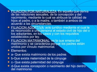 Filiación FILIACION POR NATURALEZA . Es aquella que deriva de las relaciones sexuales, de la concepción y del nacimiento, mediante la cual se atribuye la calidad de hijos al padre, o a la madre, o también a ambos de acuerdo a las circunstancias. FILIACION ADOPTIVA : acto jurídico mediante el cual le es reconocido a una persona el estado civil de hijo del o los adoptantes, en los casos y con los requisitos establecidos por ley. FILIACION MATRIMONIAL : es la que emana del matrimonio y se caracteriza porque los padres están unidos por vínculo matrimonial. Elementos:   a- Que exista matrimonio de los padres b-Que exista maternidad de la cónyuge c- Que exista paternidad del cónyuge  d-Que exista concepción o nacimiento del hijo dentro del matrimonio 