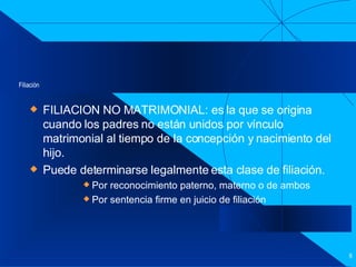 Filiación FILIACION NO MATRIMONIAL: es la que se origina cuando los padres no están unidos por vínculo matrimonial al tiempo de la concepción y nacimiento del hijo. Puede determinarse legalmente esta clase de filiación. Por reconocimiento paterno, materno o de ambos Por sentencia firme en juicio de filiación 