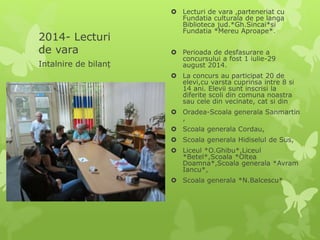 2014- Lecturi
de vara
 Lecturi de vara ,parteneriat cu
Fundatia culturala de pe langa
Biblioteca jud.*Gh.Sincai*si
Fundatia *Mereu Aproape*.
 Perioada de desfasurare a
concursului a fost 1 iulie-29
august 2014.
 La concurs au participat 20 de
elevi,cu varsta cuprinsa intre 8 si
14 ani. Elevii sunt inscrisi la
diferite scoli din comuna noastra
sau cele din vecinate, cat si din
 Oradea-Scoala generala Sanmartin
,
 Scoala generala Cordau,
 Scoala generala Hidiselul de Sus,
 Liceul *O.Ghibu*,Liceul
*Betel*,Scoala *Oltea
Doamna*,Scoala generala *Avram
Iancu*,
 Scoala generala *N.Balcescu*
Intalnire de bilanț
 