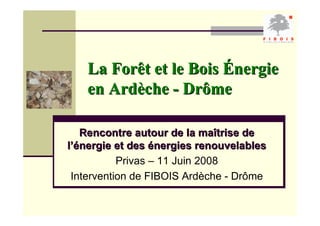 La Forêt et le Bois Énergie
   en Ardèche - Drôme

   Rencontre autour de la maîtrise de
l’énergie et des énergies renouvelables
           Privas – 11 Juin 2008
 Intervention de FIBOIS Ardèche - Drôme