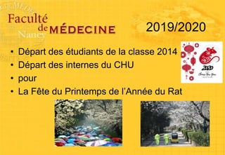 2019/2020
• Départ des étudiants de la classe 2014
• Départ des internes du CHU
• pour
• La Fête du Printemps de l’Année du Rat
 