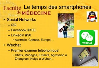 Le temps des smartphones
• Social Networks
– QQ
– Facebook #100,
– Linkedin #50
• Australie, Canada, Europe…
• Wechat
– Premier examen téléphonique!
• Chats, Mariages, Enfants, Agression à
Zhongnan, Neige à Wuhan…
 