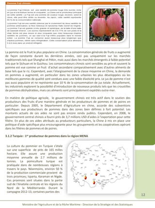 12
Ministère de l’Agriculture et de la Pêche Maritime - Direction de la Stratégie et des Statistiques
La pomme est le fruit le plus populaire en Chine. La consommation générale de fruits a augmenté
de façon constante durant les dernières années, ceci pas uniquement sur les marchés
traditionnels tels que Shanghai et Pékin, mais aussi dans les marchés émergents à faible potentiel
tels que le Sichuan et le Guizhou. Les consommateurs chinois sont sensibles au prix et souvent la
pomme est vue comme un fruit d’achat secondaire comparativement avec d’autres aliments de
base tels que le riz. Cependant, avec l’élargissement de la classe moyenne en Chine, la demande
en pommes a augmenté, en particulier dans les zones urbaines les plus développées où les
meilleures pommes de qualité sont vendues avec une faible élasticité prix. Le jus de pomme n’est
pas aussi populaire et ne représente que 10 % de la consommation de jus totale. Actuellement,
les industriels explorent la possibilité d’introduction de nouveaux produits tels que les croustilles
de pommes déshydratées, mais ces aliments sont principalement expédiés outre-mer.
En matière de politique agricole, le gouvernement chinois est très actif dans le soutien des
producteurs des fruits d’une manière générale et les producteurs de pommes et de poires en
particulier. Depuis 2005, le Département d’Agriculture en chine, accorde des subventions
spécifiques aux producteurs de pommes dans des zones bien définies à fort potentiel. Les
montants actuels de ces aides ne sont pas encore rendu publics. Cependant, en 2008, le
gouvernement central chinois a fourni prés de 3,7 millions USD d’aides à l’exportation pour cette
filière. En plus de ces aides attribués au producteurs particuliers, la Chine à mis en place une
politique d’aide spécifique plus encourageante pour les groupements et les coopératives opérant
dans les filières de pommes et de poires.
3.1.2 Turquie : 1er producteur de pommes dans la région MENA
La culture du pommier en Turquie s’étale
sur une superficie de près de 165 milles
hectare. Elle assure une production
moyenne annuelle de 2.7 millions de
tonnes. La pomiculture turque est
pratiquée dans de nombreuses régions à
travers le pays. Néanmoins, environ 50 %
de la production commerciale provient de
trois provinces; Isparta, Karaman et Nigde.
Ces provinces sont situées dans la partie
sud de l'Anatolie centrale et les régions du
Nord de la Méditerranée. Durant la
campagne 2012-13, certaines parties des
 