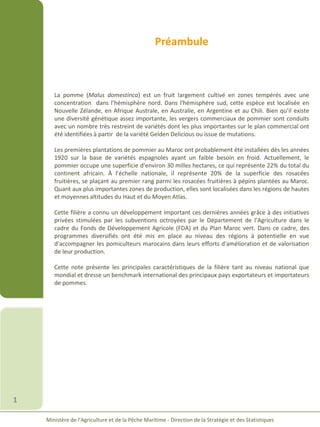 Préambule
La pomme (Malus domestinca) est un fruit largement cultivé en zones tempérés avec une
concentration dans l’hémisphère nord. Dans l'hémisphère sud, cette espèce est localisée en
Nouvelle Zélande, en Afrique Australe, en Australie, en Argentine et au Chili. Bien qu’il existe
une diversité génétique assez importante, les vergers commerciaux de pommier sont conduits
avec un nombre très restreint de variétés dont les plus importantes sur le plan commercial ont
été identifiées à partir de la variété Gelden Delicious ou issue de mutations.
Les premières plantations de pommier au Maroc ont probablement été installées dès les années
1920 sur la base de variétés espagnoles ayant un faible besoin en froid. Actuellement, le
pommier occupe une superficie d’environ 30 milles hectares, ce qui représente 22% du total du
continent africain. À l’échelle nationale, il représente 20% de la superficie des rosacées
fruitières, se plaçant au premier rang parmi les rosacées fruitières à pépins plantées au Maroc.
Quant aux plus importantes zones de production, elles sont localisées dans les régions de hautes
et moyennes altitudes du Haut et du Moyen Atlas.
Cette filière a connu un développement important ces dernières années grâce à des initiatives
privées stimulées par les subventions octroyées par le Département de l’Agriculture dans le
cadre du Fonds de Développement Agricole (FDA) et du Plan Maroc vert. Dans ce cadre, des
programmes diversifiés ont été mis en place au niveau des régions à potentielle en vue
d'accompagner les pomiculteurs marocains dans leurs efforts d'amélioration et de valorisation
de leur production.
Cette note présente les principales caractéristiques de la filière tant au niveau national que
mondial et dresse un benchmark international des principaux pays exportateurs et importateurs
de pommes.
Ministère de l’Agriculture et de la Pêche Maritime - Direction de la Stratégie et des Statistiques
1
 