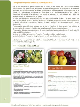 Ministère de l’Agriculture et de la Pêche Maritime - Direction de la Stratégie et des Statistiques
5
1.3 Organisation professionnelle et commercialisation
Sur le plan organisation professionnelle de la filière, on ne trouve pas une structure dédiée
exclusivement aux pomiculteurs marocains. D’une manière générale les producteurs de pommes
travaillent en collaboration avec les autres arboriculteurs, notamment dans trois associations (i) la
COMADER- Confédération Marocaine de l'Agriculture et du Développement Rural-, (ii) l’APEFEL-
Association Marocaine de Producteurs des Fruits et Légumes- et (iii) l’ADAM- Association de
Développement de l'Arboriculture au Maroc.
En plus des incitations à l’investissement lancées dans le cadre du PMV, le Département de
l‘Agriculture travaille aussi sur le renforcement des capacités, l’amélioration de la commercialisation
et la mise en marché, notamment à travers les Signes Distinctifs d’Origine et de Qualité (SDOQ)
résultant de :
L’identification des différents produits de terroir et l’analyse de leurs chaines de valeurs, la
caractérisation des terroirs et l’élaboration de plans de développement spécifiques ;
L’élaboration d’un plan de promotion et de commercialisation des produits de terroir sur le marché
national et à l’exportation ;
Le renforcement d’un programme d’appui et d’encadrement des producteurs ;
La sensibilisation et l’assistance des producteurs pour la labellisation des produits.
Actuellement, deux produits sont labellisés dans cette filière, la Pomme de Midelt (IGP) et la
Pomme d’Imilchel (Label agricole).
2014 : Pommes labélisées au Maroc
 