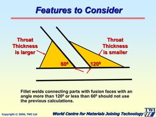 Copyright © 2006, TWI Ltd World Centre for Materials Joining Technology
Features to Consider
1200
600
Throat
Thickness
is smaller
Throat
Thickness
is larger
Fillet welds connecting parts with fusion faces with an
angle more than 1200 or less than 600 should not use
the previous calculations.
 