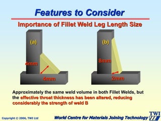 Copyright © 2006, TWI Ltd World Centre for Materials Joining Technology
Features to Consider
Approximately the same weld volume in both Fillet Welds, but
the effective throat thickness has been altered, reducing
considerably the strength of weld B
Importance of Fillet Weld Leg Length Size
2mm
(b)
4mm
8mm
(a)
4mm
 