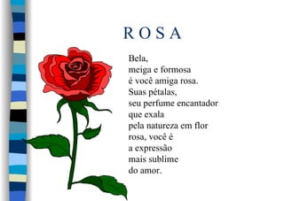 R O S A
Bela,
meiga e formosa
é você amiga rosa.
Suas pétalas,
seu perfume encantador
que exala
pela natureza em flor
rosa, você é
a expressão
mais sublime
do amor.
 