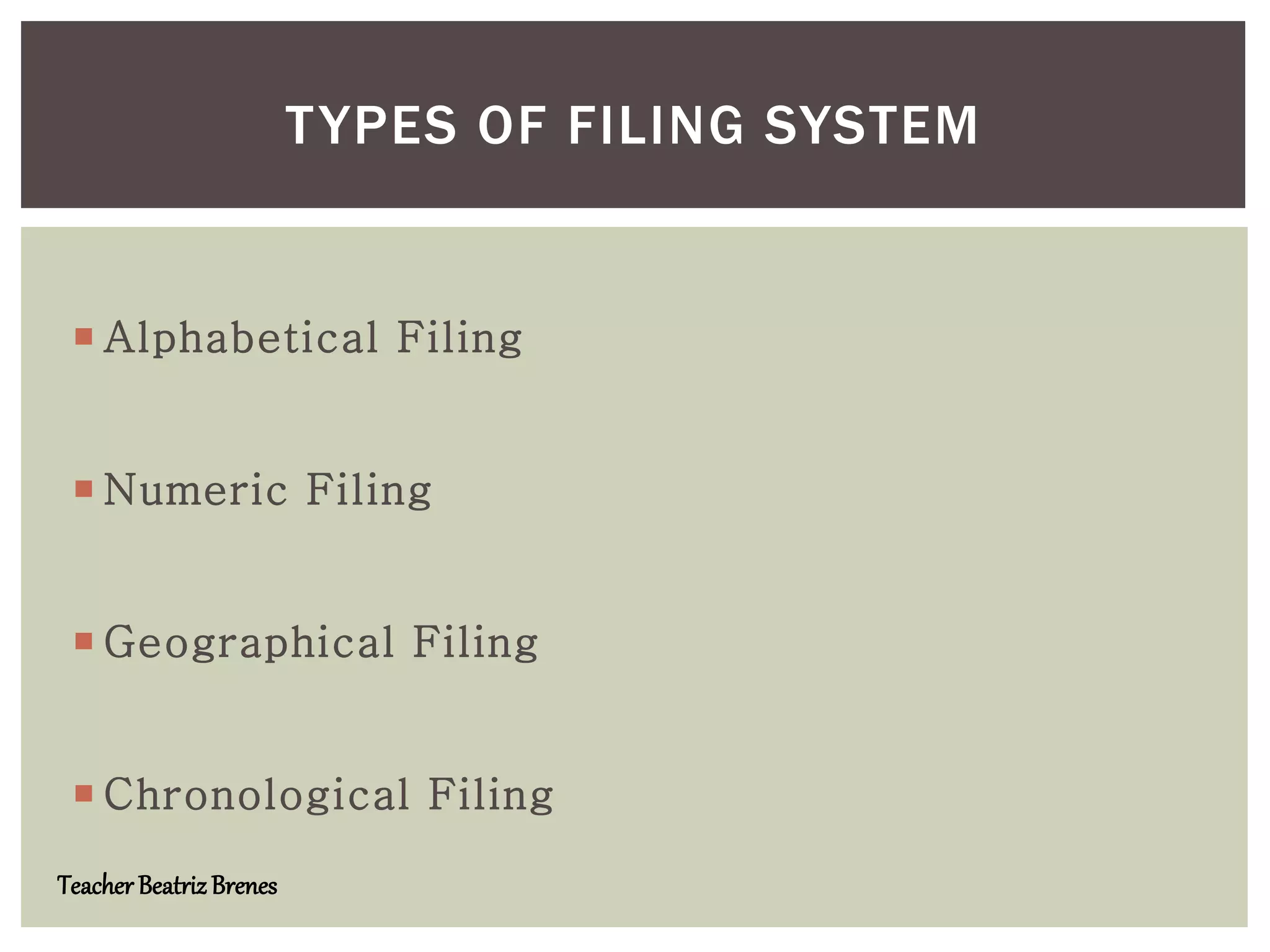  Alphabetical Filing
 Numeric Filing
 Geographical Filing
 Chronological Filing
TYPES OF FILING SYSTEM
Teacher BeatrizBrenes
 