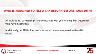 All individuals, partnerships and companies with year ending 31st December
who have income tax.
Additionally, all PIN holders without an income are required to file a Nil
return.
WHO IS REQUIRED TO FILE A TAX RETURN BEFORE JUNE 30TH?
 