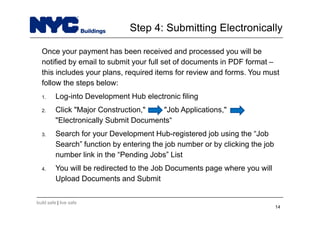 build safe | live safe
Step 4: Submitting Electronically
Once your payment has been received and processed you will be
notified by email to submit your full set of documents in PDF format –
this includes your plans, required items for review and forms. You must
follow the steps below:
1. Log-into Development Hub electronic filing
2. Click "Major Construction," "Job Applications,"
"Electronically Submit Documents“
3. Search for your Development Hub-registered job using the “Job
Search” function by entering the job number or by clicking the job
number link in the “Pending Jobs” List
4. You will be redirected to the Job Documents page where you will
Upload Documents and Submit
14
 