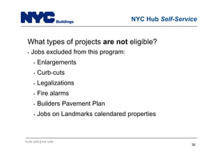 build safe | live safe
NYC Hub Self-Service
What types of projects are not eligible?
• Jobs excluded from this program:
• Enlargements
• Curb cuts
• Legalizations
• Fire alarms
• Builders Pavement Plan
• Jobs on Landmarks calendared properties
3030
 