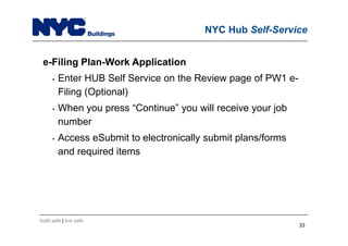 build safe | live safe
NYC Hub Self-Service
e-Filing Plan-Work Application
• Enter HUB Self Service on the Review page of PW1 e-
Filing (Optional)
• When you press “Continue” you will receive your job
number
• Access eSubmit to electronically submit plans/forms
and required items
3333
 