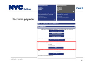 build safe | live safe
NYC Hub Self-Service
55
Electronic payment
 