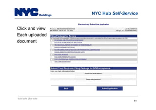 build safe | live safe
NYC Hub Self-Service
61
Click and view
Each uploaded
document
 