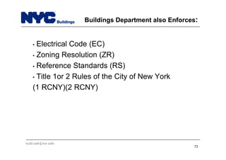 build safe | live safe
Buildings Department also Enforces:
• Electrical Code (EC)
• Zoning Resolution (ZR)
• Reference Standards (RS)
• Title 1or 2 Rules of the City of New York
(1 RCNY)(2 RCNY)
73
 