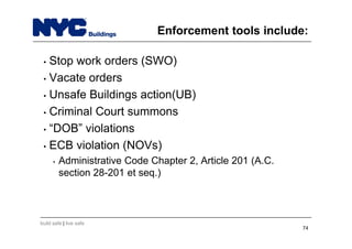 build safe | live safe
Enforcement tools include:
• Stop work orders (SWO)
• Vacate orders
• Unsafe Buildings action(UB)
• Criminal Court summons
• “DOB” violations
• ECB violation (NOVs)
• Administrative Code Chapter 2, Article 201 (A.C.
section 28-201 et seq.)
74
 