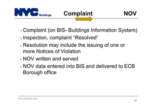 build safe | live safe
Complaint NOV
• Complaint (on BIS- Buildings Information System)
• Inspection, complaint “Resolved”
• Resolution may include the issuing of one or
more Notices of Violation
• NOV written and served
• NOV data entered into BIS and delivered to ECB
Borough office
77
 
