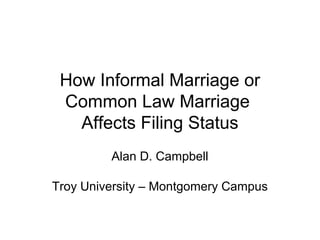 How Informal Marriage or
 Common Law Marriage
   Affects Filing Status
         Alan D. Campbell

Troy University – Montgomery Campus
 