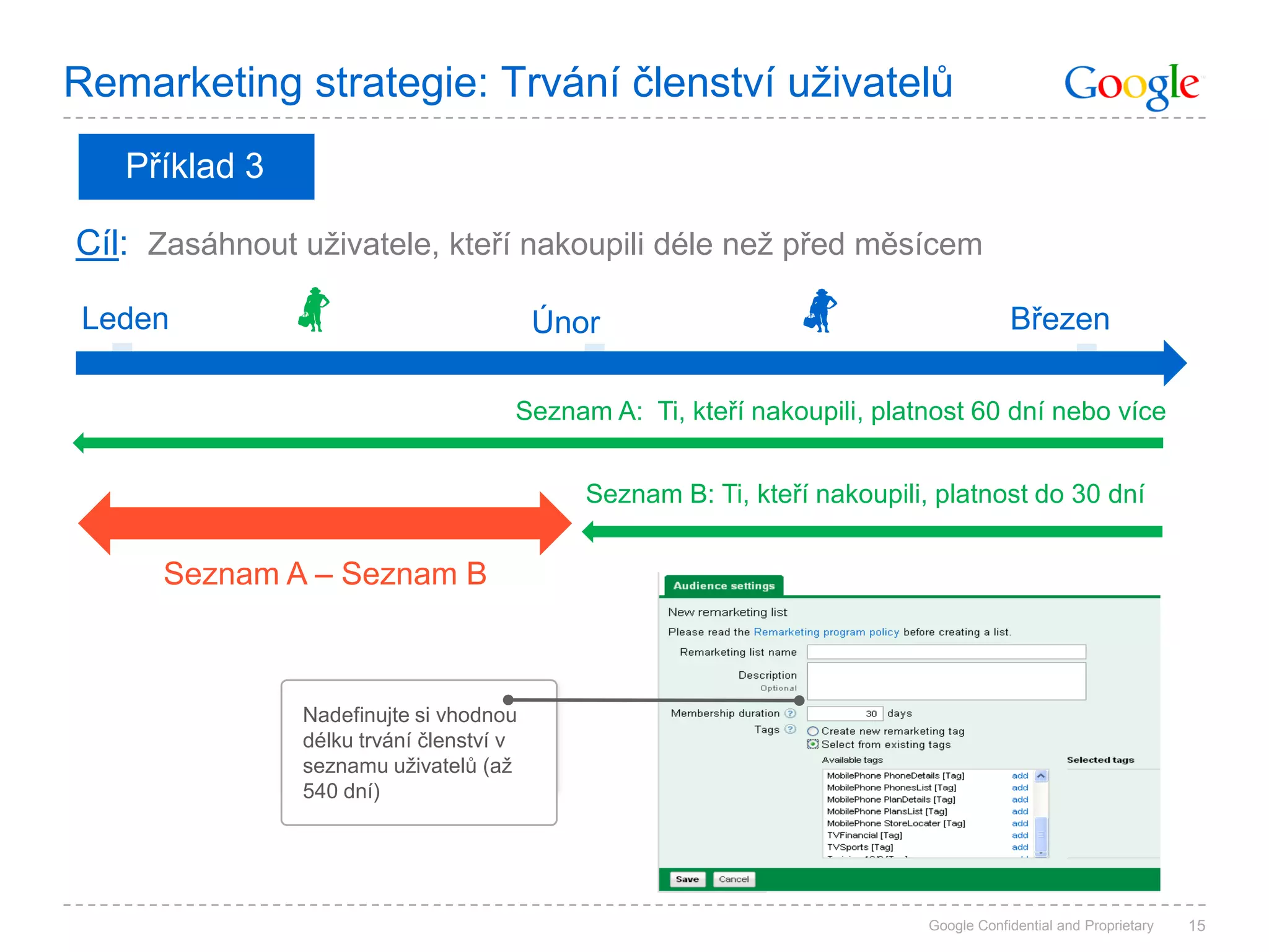 Remarketing strategie: Trvání členství uživatelů
   Příklad 3

Cíl: Zasáhnout uživatele, kteří nakoupili déle než před měsícem

Leden                                    Únor                                         Březen

                                     Seznam A: Ti, kteří nakoupili, platnost 60 dní nebo více


                                            Seznam B: Ti, kteří nakoupili, platnost do 30 dní


      Seznam A – Seznam B



               Nadefinujte si vhodnou
               délku trvání členství v
               seznamu uživatelů (až
               540 dní)




                                                                          Google Confidential and Proprietary   15
 