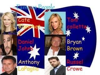 Famous People
Cate
Blanchet
t
Russel
Crowe
Bryan
Brown
Toni
collette
Anthony
LaPaglia
Daniel
Johns
 