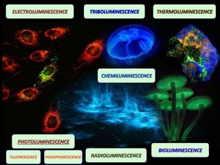 TRIBOLUMINESCENCE THERMOLUMINESCENCEELECTROLUMINESCENCE
CHEMILUMINESCENCE
BIOLUMINESCENCE
PHOTOLUMINESCENCE
FLUORESCENCE PHOSPHORESCENCE RADIOLUMINESCENCE
 
