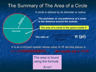 The Summary of The Area of a CircleThe Summary of The Area of a Circle
A circle is defined by its diameter or radius
Diameter
Radius
The perimeter or circumference of a circle
is the distance around the outside
The area of a circle is the space inside it
The ratio of π (pi)=
diameter
ncecircumfere
ππ is an irrational number whose value to 15 decimal places isis an irrational number whose value to 15 decimal places is
ππ = 3.14159265358979.... We usually say= 3.14159265358979.... We usually say ππ ≈≈3.143.14
The area is found
using the formula
A=πr2
 