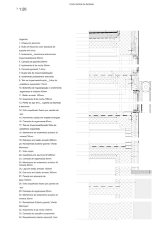 Corte Vertical da fachada

3
    1:20




    Legenda:
    1. Chapa em alumínio
    2. Rufo em Alumínio com estrutura de
    suporte em zinco
    3. Isolamento_ membrana betuminosa
    impermeabilizante 50mm
    4. Camada de gravilha 80mm
    5. Isolamento lã de rocha 50mm
    6. Camada geotextil 1.4mm
    7. Dupla tela de impermeabilização
    8. Isolamento poliestereno extrudido
    9. Tela se Impermeabilização _ folha de
    polietileno expandido 1,5mm
    10. Betonilha de regularização e enchimento
    argamassa e madeira 40mm
    11. Betão armado 160mm
    12. Isolamento lã de rocha 100mm
    13. Perfis de aço em L_ suporte da fachada
    à estrutura
    14. Vidro espelhado fixado por painéis de
    aço
    15. Pavimento colado em madeira Parquet
    16. Camada de argamassa 60mm
    17. Tela se Impermeabilização folha de
    polietileno expandido
    18. Membrana de isolamento acústico lã
    mineral 30mm
    19. Estrutura em betão armado 300mm
    20. Revestimeto Exterior granito “Verde
    Marinace”
    21. Vidro duplo
    22. Caixilharia em alumínio 6/12/6mm
    23. Camada de argamassa 60mm
    24. Membrana de isolamento acústico lã
    mineral 30mm
    25. Laje em betão armado 160mm
    26. Estrutura em betão armado 300mm
    27. Parede em alvenaria de
    tijolo 150mm
    28. Vidro espelhado fixado por painéis de
    aço
    29. Camada de argamassa 60mm
    30. Membrana de isolamento acústico lã
    mineral 30mm
    31. Revestimeto Exterior granito “Verde
    Marinace”
    32. Isolamento lã de rocha 100mm
    33. Camada de cascalho comprimido
    34. Revestimento interior reboco(0,1mm
 