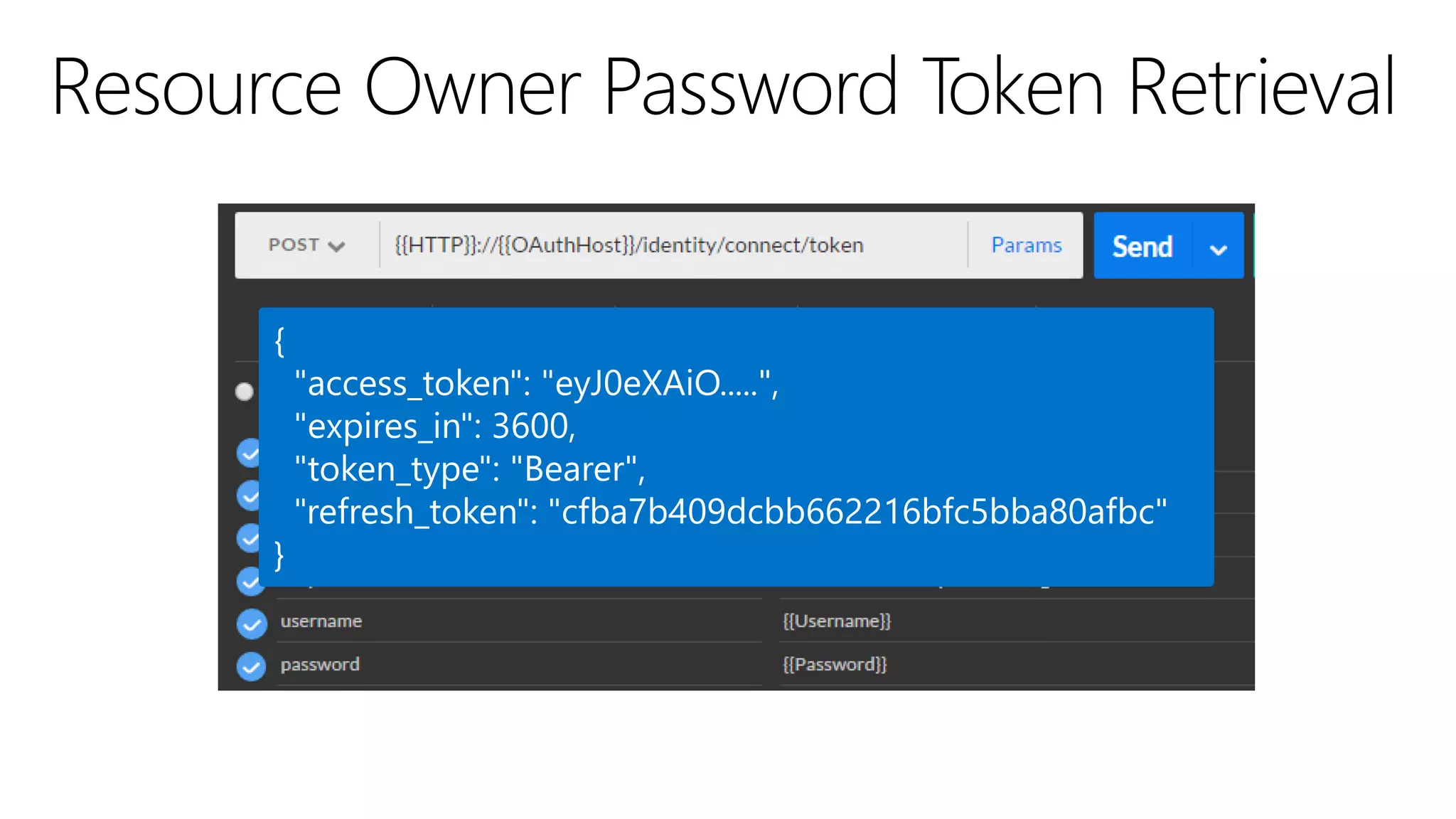 {
"access_token": "eyJ0eXAiO.....",
"expires_in": 3600,
"token_type": "Bearer",
"refresh_token": "cfba7b409dcbb662216bfc5bba80afbc"
}
 