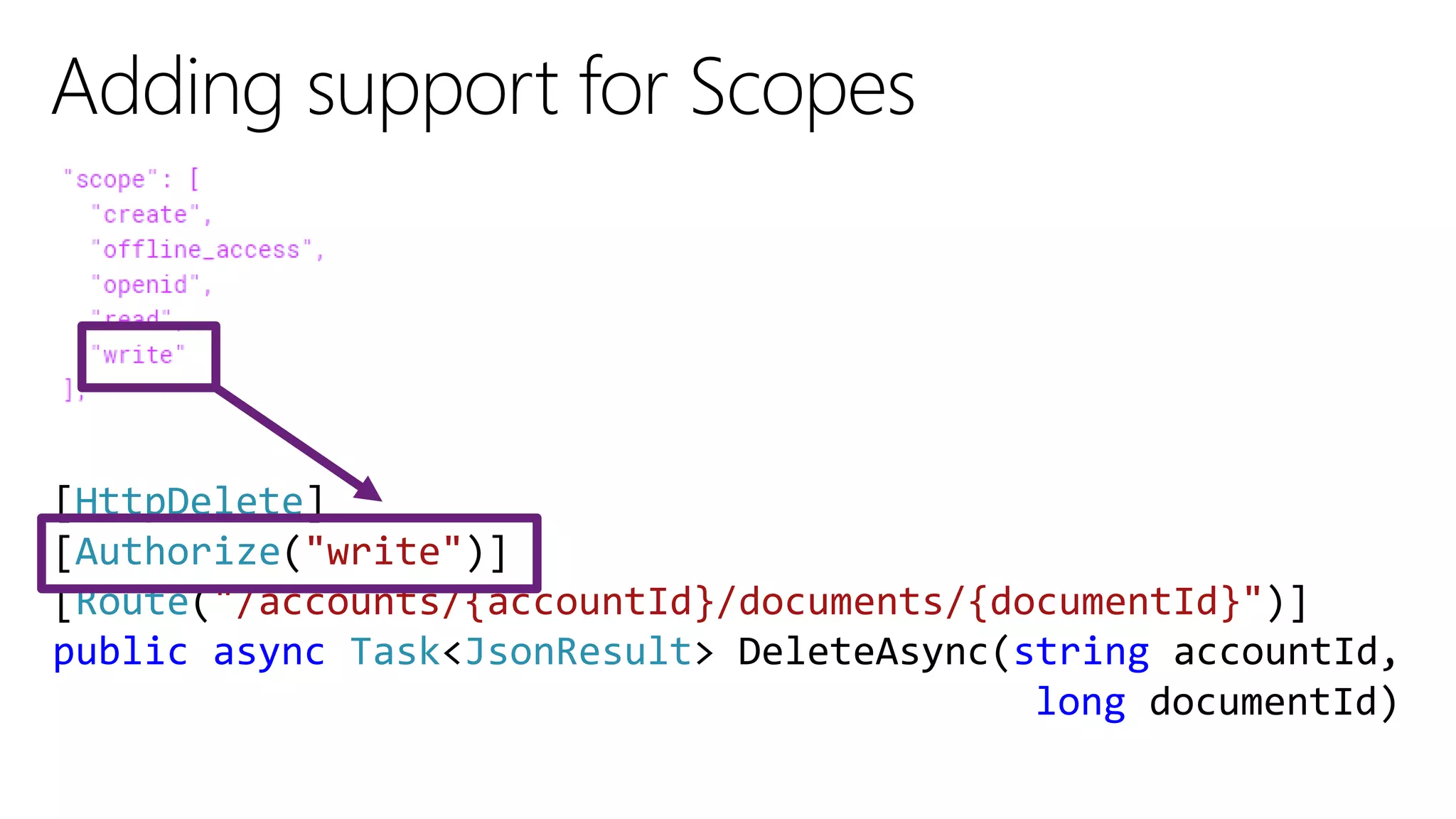 [HttpDelete]
[Authorize("write")]
[Route("/accounts/{accountId}/documents/{documentId}")]
public async Task<JsonResult> DeleteAsync(string accountId,
long documentId)
 