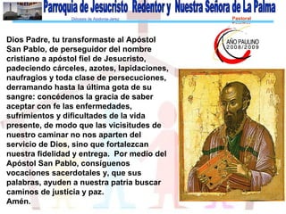 Diócesis de Asidonia-Jerez Pastoral
Familiar
Dios Padre, tu transformaste al Apóstol
San Pablo, de perseguidor del nombre
cristiano a apóstol fiel de Jesucristo,
padeciendo cárceles, azotes, lapidaciones,
naufragios y toda clase de persecuciones,
derramando hasta la última gota de su
sangre: concédenos la gracia de saber
aceptar con fe las enfermedades,
sufrimientos y dificultades de la vida
presente, de modo que las vicisitudes de
nuestro caminar no nos aparten del
servicio de Dios, sino que fortalezcan
nuestra fidelidad y entrega. Por medio del
Apóstol San Pablo, consíguenos
vocaciones sacerdotales y, que sus
palabras, ayuden a nuestra patria buscar
caminos de justicia y paz.
Amén.
 