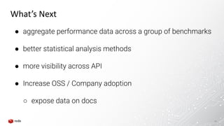 20
What’s Next
● aggregate performance data across a group of benchmarks
● better statistical analysis methods
● more visibility across API
● Increase OSS / Company adoption
○ expose data on docs
 