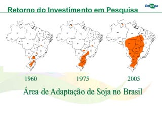 Retorno do Investimento em Pesquisa




    1960           1975           2005

    Área de Adaptação de Soja no Brasil
 