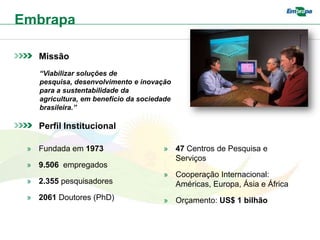 Embrapa

   Missão
    “Viabilizar soluções de
    pesquisa, desenvolvimento e inovação
    para a sustentabilidade da
    agricultura, em benefício da sociedade
    brasileira.”

   Perfil Institucional

 » Fundada em 1973                     » 47 Centros de Pesquisa e
                                         Serviços
 » 9.506 empregados
                                       » Cooperação Internacional:
 » 2.355 pesquisadores                   Américas, Europa, Ásia e África
 » 2061 Doutores (PhD)                 » Orçamento: US$ 1 bilhão
 