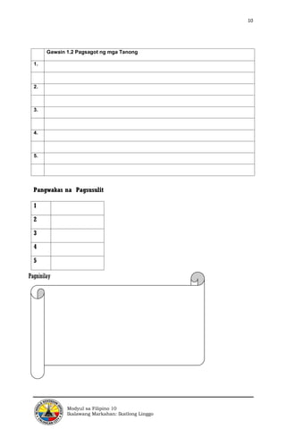 10
Modyul sa Filipino 10
Ikalawang Markahan: Ikatlong Linggo
Gawain 1.2 Pagsagot ng mga Tanong
1.
2.
3.
4.
5.
Pangwakas na Pagsusulit
Pagninilay
1
2
3
4
5
 