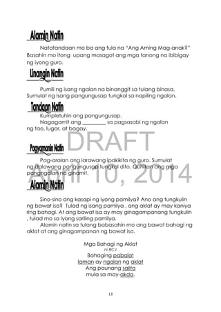 DRAFT
April 10, 2014
13
Natatandaan mo ba ang tula na “Ang Aming Mag-anak?”
Basahin mo itong upang masagot ang mga tanong na ibibigay
ng iyong guro.
Pumili ng isang ngalan na binanggit sa tulang binasa.
Sumulat ng isang pangungusap tungkol sa napiling ngalan.
Kumpletuhin ang pangungusap.
Nagagamit ang _________ sa pagsasabi ng ngalan
ng tao, lugar, at bagay.
Pag-aralan ang larawang ipakikita ng guro. Sumulat
ng dalawang pangungusap tungkol dito. Guhitan ang mga
pangngalan na ginamit.
Sino-sino ang kasapi ng iyong pamilya? Ano ang tungkulin
ng bawat isa? Tulad ng isang pamilya , ang aklat ay may kaniya
ring bahagi. At ang bawat isa ay may ginagampanang tungkulin
, tulad mo sa iyong sariling pamilya.
Alamin natin sa tulang babasahin mo ang bawat bahagi ng
aklat at ang ginagampanan ng bawat isa.
Mga Bahagi ng Aklat
ni RCJ
Bahaging pabalat
laman ay ngalan ng aklat
Ang paunang salita
mula sa may-akda.
 