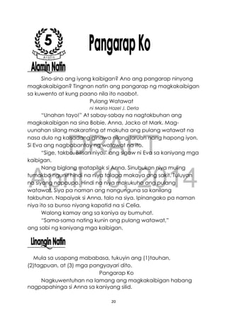 DRAFT
April 10, 2014
20
Sino-sino ang iyong kaibigan? Ano ang pangarap ninyong
magkakaibigan? Tingnan natin ang pangarap ng magkakaibigan
sa kuwento at kung paano nila ito naabot.
Pulang Watawat
ni Maria Hazel J. Derla
“Unahan tayo!” At sabay-sabay na nagtakbuhan ang
magkakaibigan na sina Bobie, Anna, Jacko at Mark. Mag-
uunahan silang makarating at makuha ang pulang watawat na
nasa dulo ng kalsadang ginawa nilang laruan nang hapong iyon.
Si Eva ang nagbabantay ng watawat na ito.
“Sige, takbo. Bilisan niyo,” ang sigaw ni Eva sa kaniyang mga
kaibigan.
Nang biglang matapilok si Anna. Sinubukan niya muling
tumakbo ngunit hindi na niya talaga makaya ang sakit. Tuluyan
na siyang napaupo. Hindi na niya makukuha ang pulang
watawat. Siya pa naman ang nangunguna sa kanilang
takbuhan. Napaiyak si Anna, talo na siya. Ipinangako pa naman
niya ito sa bunso niyang kapatid na si Celia.
Walong kamay ang sa kaniya ay bumuhat.
“Sama-sama nating kunin ang pulang watawat,”
ang sabi ng kaniyang mga kaibigan.
Mula sa usapang mababasa, tukuyin ang (1)tauhan,
(2)tagpuan, at (3) mga pangyayari dito.
Pangarap Ko
Nagkuwentuhan na lamang ang magkakaibigan habang
nagpapahinga si Anna sa kaniyang silid.
 