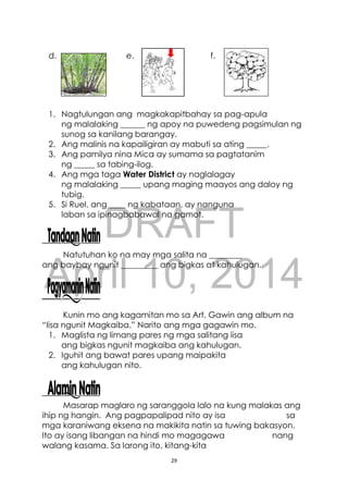 DRAFT
April 10, 2014
29
d. e. f.
1. Nagtulungan ang magkakapitbahay sa pag-apula
ng malalaking ______ ng apoy na puwedeng pagsimulan ng
sunog sa kanilang barangay.
2. Ang malinis na kapailigiran ay mabuti sa ating _____.
3. Ang pamilya nina Mica ay sumama sa pagtatanim
ng _____ sa tabing-ilog.
4. Ang mga taga Water District ay naglalagay
ng malalaking _____ upang maging maayos ang daloy ng
tubig.
5. Si Ruel, ang ____ ng kabataan, ay nanguna
laban sa ipinagbabawal na gamot.
Natutuhan ko na may mga salita na ________
ang baybay ngunit _________ ang bigkas at kahulugan.
Kunin mo ang kagamitan mo sa Art. Gawin ang album na
“Iisa ngunit Magkaiba.” Narito ang mga gagawin mo.
1. Maglista ng limang pares ng mga salitang iisa
ang bigkas ngunit magkaiba ang kahulugan.
2. Iguhit ang bawat pares upang maipakita
ang kahulugan nito.
Masarap maglaro ng saranggola lalo na kung malakas ang
ihip ng hangin. Ang pagpapalipad nito ay isa sa
mga karaniwang eksena na makikita natin sa tuwing bakasyon.
Ito ay isang libangan na hindi mo magagawa nang
walang kasama. Sa larong ito, kitang-kita
 