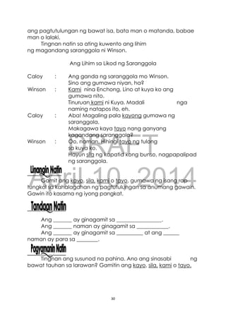 DRAFT
April 10, 2014
30
ang pagtutulungan ng bawat isa, bata man o matanda, babae
man o lalaki.
Tingnan natin sa ating kuwento ang lihim
ng magandang saranggola ni Winson.
Ang Lihim sa Likod ng Saranggola
Caloy : Ang ganda ng saranggola mo Winson.
Sino ang gumawa niyan, ha?
Winson : Kami nina Enchong, Lino at kuya ko ang
gumawa nito.
Tinuruan kami ni Kuya. Madali nga
naming natapos ito, eh.
Caloy : Aba! Magaling pala kayong gumawa ng
saranggola.
Makagawa kaya tayo nang ganyang
kagandang saranggola?
Winson : Oo, naman. Hihingi tayo ng tulong
sa kuya ko.
Hayun sila ng kapatid kong bunso, nagpapalipad
ng saranggola.
Gamit ang kayo, sila, kami o tayo, gumawa ng isang rap
tungkol sa kahalagahan ng pagtutulungan sa anumang gawain.
Gawin ito kasama ng iyong pangkat.
Ang _______ ay ginagamit sa _________________.
Ang _______ naman ay ginagamit sa ____________.
Ang _______ ay ginagamit sa __________ at ang ______
naman ay para sa ________.
Tingnan ang susunod na pahina. Ano ang sinasabi ng
bawat tauhan sa larawan? Gamitin ang kayo, sila, kami o tayo.
 