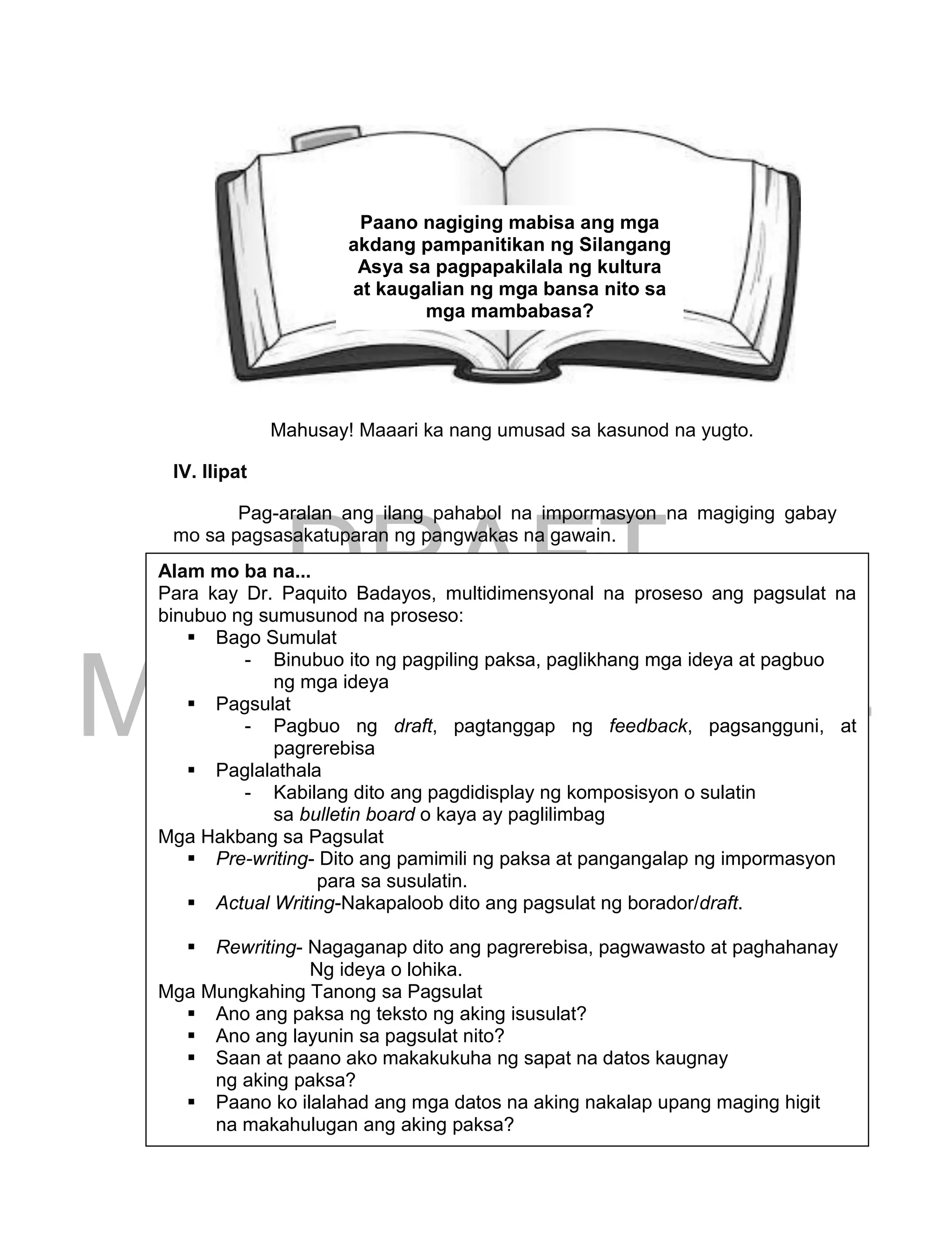 DRAFT
March 24, 2014
179
Mahusay! Maaari ka nang umusad sa kasunod na yugto.
IV. Ilipat
Pag-aralan ang ilang pahabol na impormasyon na magiging gabay
mo sa pagsasakatuparan ng pangwakas na gawain.
Paano nagiging mabisa ang mga
akdang pampanitikan ng Silangang
Asya sa pagpapakilala ng kultura
at kaugalian ng mga bansa nito sa
mga mambabasa?
Alam mo ba na...
Para kay Dr. Paquito Badayos, multidimensyonal na proseso ang pagsulat na
binubuo ng sumusunod na proseso:
 Bago Sumulat
- Binubuo ito ng pagpiling paksa, paglikhang mga ideya at pagbuo
ng mga ideya
 Pagsulat
- Pagbuo ng draft, pagtanggap ng feedback, pagsangguni, at
pagrerebisa
 Paglalathala
- Kabilang dito ang pagdidisplay ng komposisyon o sulatin
sa bulletin board o kaya ay paglilimbag
Mga Hakbang sa Pagsulat
 Pre-writing- Dito ang pamimili ng paksa at pangangalap ng impormasyon
para sa susulatin.
 Actual Writing-Nakapaloob dito ang pagsulat ng borador/draft.
 Rewriting- Nagaganap dito ang pagrerebisa, pagwawasto at paghahanay
Ng ideya o lohika.
Mga Mungkahing Tanong sa Pagsulat
 Ano ang paksa ng teksto ng aking isusulat?
 Ano ang layunin sa pagsulat nito?
 Saan at paano ako makakukuha ng sapat na datos kaugnay
ng aking paksa?
 Paano ko ilalahad ang mga datos na aking nakalap upang maging higit
na makahulugan ang aking paksa?
 