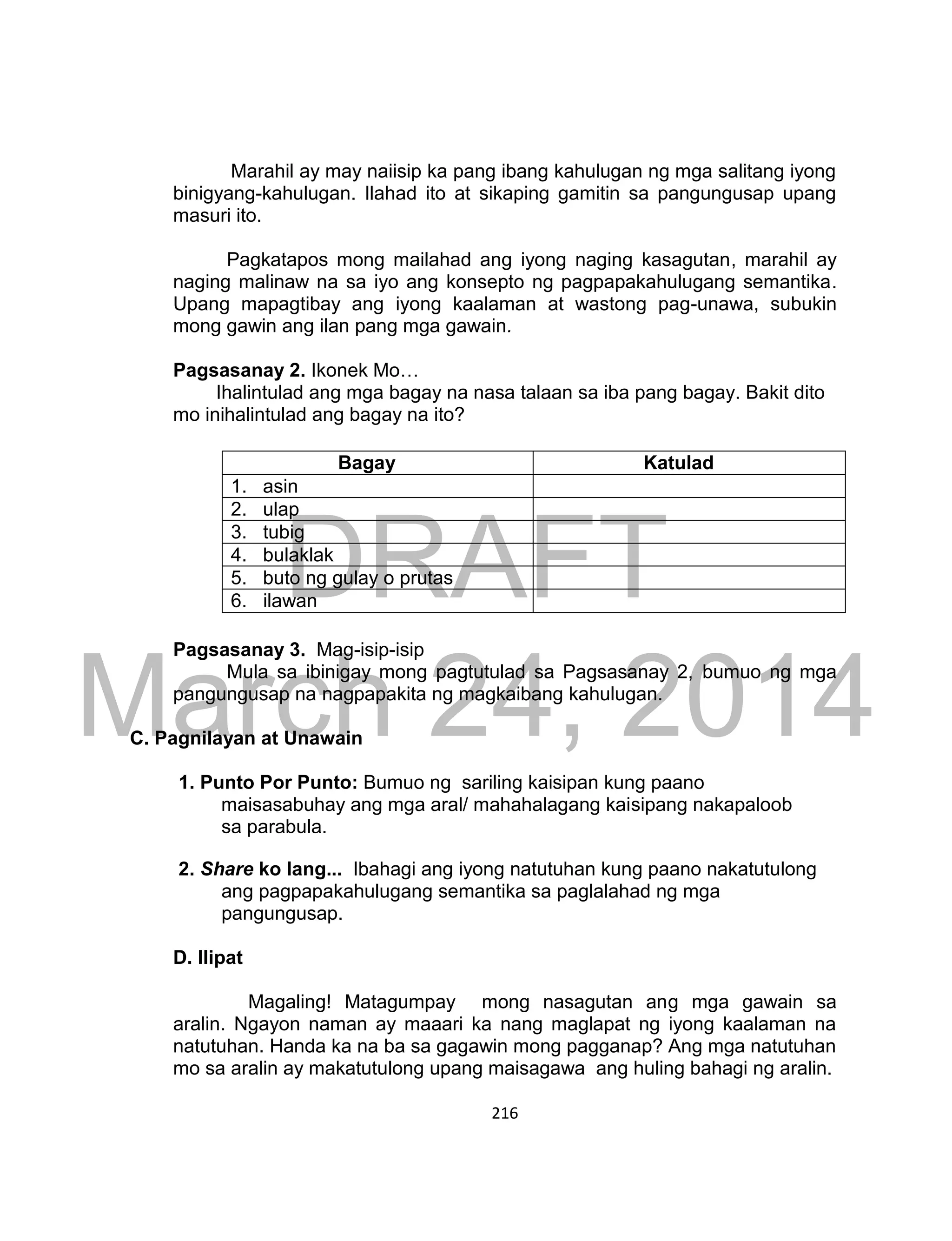 DRAFT
March 24, 2014
216
Marahil ay may naiisip ka pang ibang kahulugan ng mga salitang iyong
binigyang-kahulugan. Ilahad ito at sikaping gamitin sa pangungusap upang
masuri ito.
Pagkatapos mong mailahad ang iyong naging kasagutan, marahil ay
naging malinaw na sa iyo ang konsepto ng pagpapakahulugang semantika.
Upang mapagtibay ang iyong kaalaman at wastong pag-unawa, subukin
mong gawin ang ilan pang mga gawain.
Pagsasanay 2. Ikonek Mo…
Ihalintulad ang mga bagay na nasa talaan sa iba pang bagay. Bakit dito
mo inihalintulad ang bagay na ito?
Bagay Katulad
1. asin
2. ulap
3. tubig
4. bulaklak
5. buto ng gulay o prutas
6. ilawan
Pagsasanay 3. Mag-isip-isip
Mula sa ibinigay mong pagtutulad sa Pagsasanay 2, bumuo ng mga
pangungusap na nagpapakita ng magkaibang kahulugan.
C. Pagnilayan at Unawain
1. Punto Por Punto: Bumuo ng sariling kaisipan kung paano
maisasabuhay ang mga aral/ mahahalagang kaisipang nakapaloob
sa parabula.
2. Share ko lang... Ibahagi ang iyong natutuhan kung paano nakatutulong
ang pagpapakahulugang semantika sa paglalahad ng mga
pangungusap.
D. Ilipat
Magaling! Matagumpay mong nasagutan ang mga gawain sa
aralin. Ngayon naman ay maaari ka nang maglapat ng iyong kaalaman na
natutuhan. Handa ka na ba sa gagawin mong pagganap? Ang mga natutuhan
mo sa aralin ay makatutulong upang maisagawa ang huling bahagi ng aralin.
 