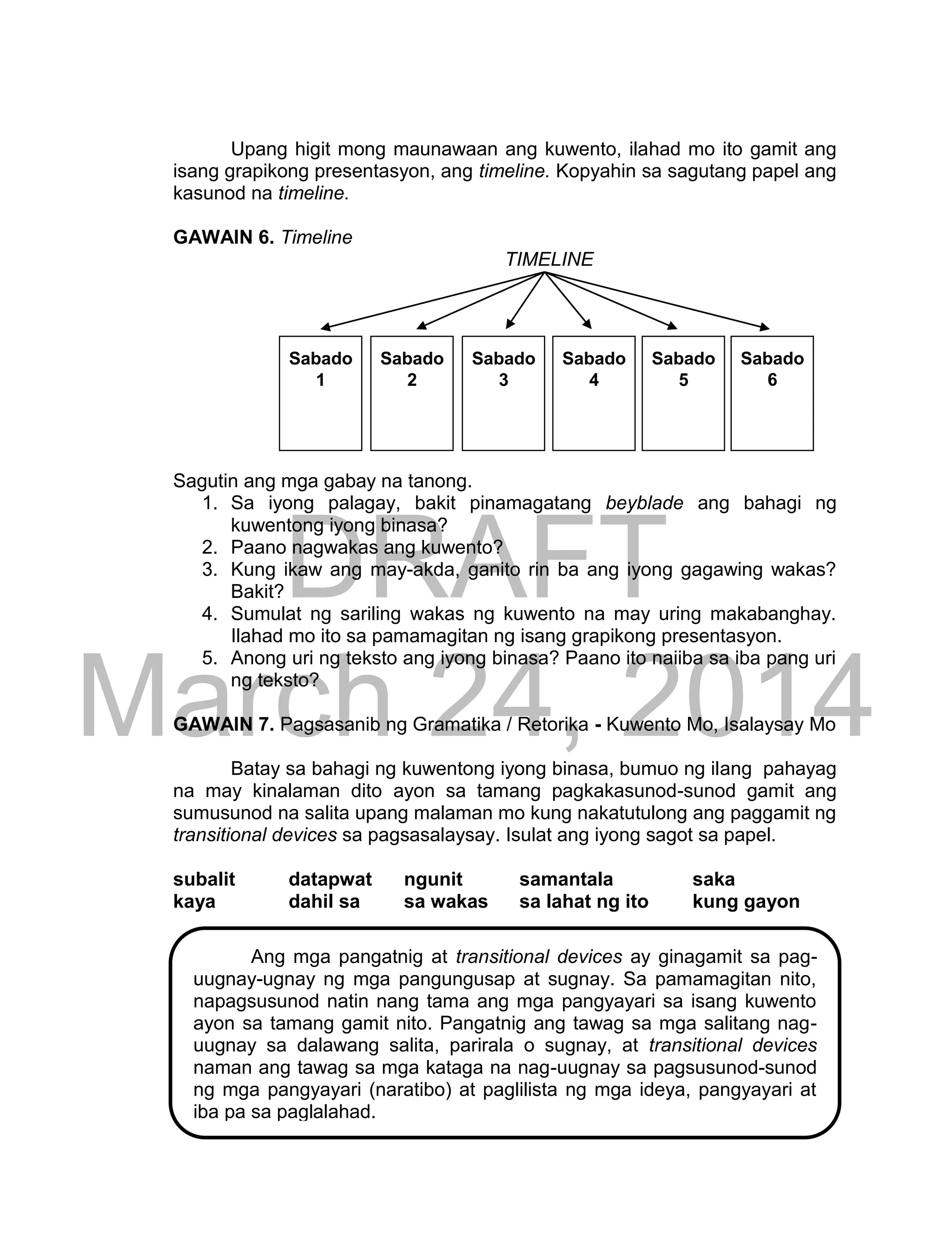DRAFT
March 24, 2014
30
Upang higit mong maunawaan ang kuwento, ilahad mo ito gamit ang
isang grapikong presentasyon, ang timeline. Kopyahin sa sagutang papel ang
kasunod na timeline.
GAWAIN 6. Timeline
TIMELINE
Sagutin ang mga gabay na tanong.
1. Sa iyong palagay, bakit pinamagatang beyblade ang bahagi ng
kuwentong iyong binasa?
2. Paano nagwakas ang kuwento?
3. Kung ikaw ang may-akda, ganito rin ba ang iyong gagawing wakas?
Bakit?
4. Sumulat ng sariling wakas ng kuwento na may uring makabanghay.
Ilahad mo ito sa pamamagitan ng isang grapikong presentasyon.
5. Anong uri ng teksto ang iyong binasa? Paano ito naiiba sa iba pang uri
ng teksto?
GAWAIN 7. Pagsasanib ng Gramatika / Retorika - Kuwento Mo, Isalaysay Mo
Batay sa bahagi ng kuwentong iyong binasa, bumuo ng ilang pahayag
na may kinalaman dito ayon sa tamang pagkakasunod-sunod gamit ang
sumusunod na salita upang malaman mo kung nakatutulong ang paggamit ng
transitional devices sa pagsasalaysay. Isulat ang iyong sagot sa papel.
subalit datapwat ngunit samantala saka
kaya dahil sa sa wakas sa lahat ng ito kung gayon
Sabado
6
Ang mga pangatnig at transitional devices ay ginagamit sa pag-
uugnay-ugnay ng mga pangungusap at sugnay. Sa pamamagitan nito,
napagsusunod natin nang tama ang mga pangyayari sa isang kuwento
ayon sa tamang gamit nito. Pangatnig ang tawag sa mga salitang nag-
uugnay sa dalawang salita, parirala o sugnay, at transitional devices
naman ang tawag sa mga kataga na nag-uugnay sa pagsusunod-sunod
ng mga pangyayari (naratibo) at paglilista ng mga ideya, pangyayari at
iba pa sa paglalahad.
Sabado
1
Sabado
2
Sabado
3
Sabado
4
Sabado
5
 