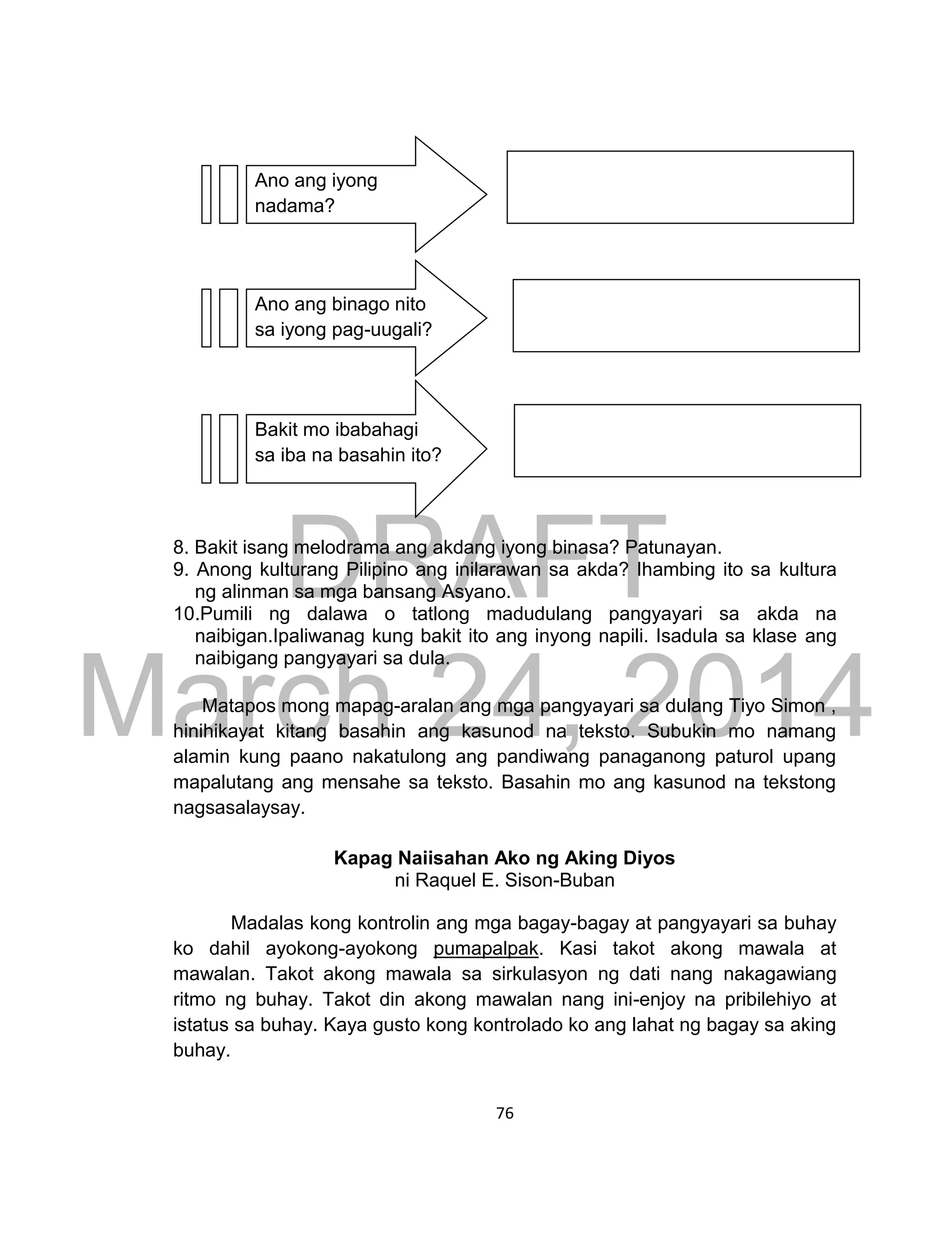 DRAFT
March 24, 2014
76
8. Bakit isang melodrama ang akdang iyong binasa? Patunayan.
9. Anong kulturang Pilipino ang inilarawan sa akda? Ihambing ito sa kultura
ng alinman sa mga bansang Asyano.
10.Pumili ng dalawa o tatlong madudulang pangyayari sa akda na
naibigan.Ipaliwanag kung bakit ito ang inyong napili. Isadula sa klase ang
naibigang pangyayari sa dula.
Matapos mong mapag-aralan ang mga pangyayari sa dulang Tiyo Simon ,
hinihikayat kitang basahin ang kasunod na teksto. Subukin mo namang
alamin kung paano nakatulong ang pandiwang panaganong paturol upang
mapalutang ang mensahe sa teksto. Basahin mo ang kasunod na tekstong
nagsasalaysay.
Kapag Naiisahan Ako ng Aking Diyos
ni Raquel E. Sison-Buban
Madalas kong kontrolin ang mga bagay-bagay at pangyayari sa buhay
ko dahil ayokong-ayokong pumapalpak. Kasi takot akong mawala at
mawalan. Takot akong mawala sa sirkulasyon ng dati nang nakagawiang
ritmo ng buhay. Takot din akong mawalan nang ini-enjoy na pribilehiyo at
istatus sa buhay. Kaya gusto kong kontrolado ko ang lahat ng bagay sa aking
buhay.
Ano ang iyong
nadama?
Ano ang binago nito
sa iyong pag-uugali?
Bakit mo ibabahagi
sa iba na basahin ito?
 