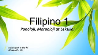 Filipino 1
Ponoloji, Morpoloji at Leksikal
Marasigan, Carlo P.
BSNAME - IIB
 